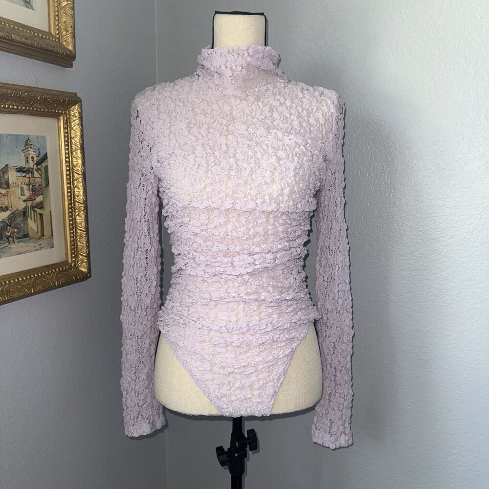 Free People Day and Night Sheer Lace Long Sleeve Bodysuit Lavender S